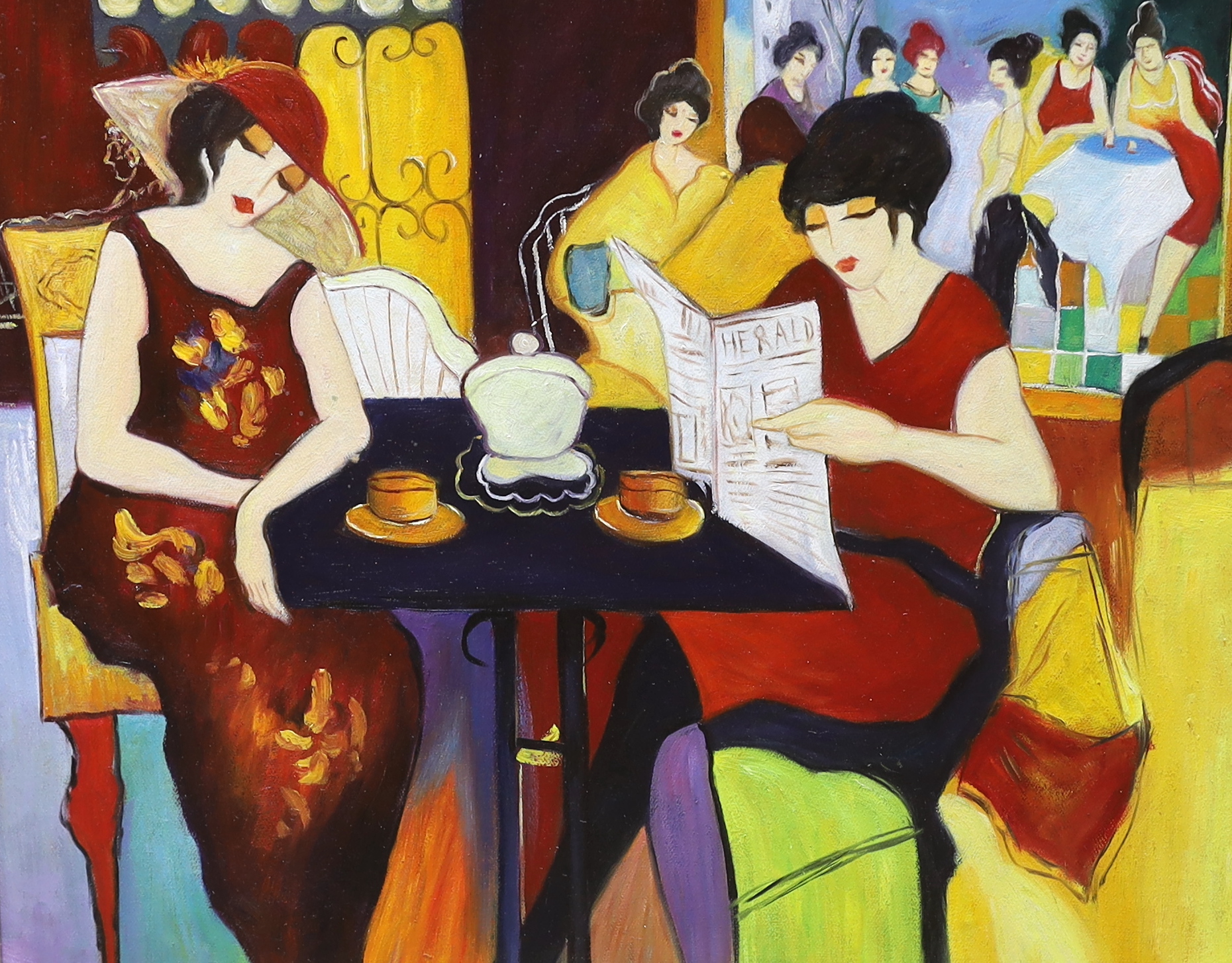 Manner of Tarkay Itzchak (Israeli, 1935-2012), oil on board, Café scene with seated females, 45 x 55cm